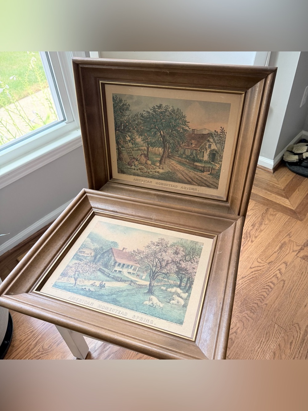 Vintage Currier & Ives American Homestead Spring and Autumn 19” x 16” Wood Frame